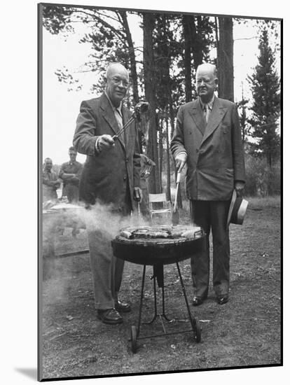 President Dwight D. Eisenhower Cooking Steaks with Former President Herbert C. Hoover-Walter Sanders-Mounted Photographic Print