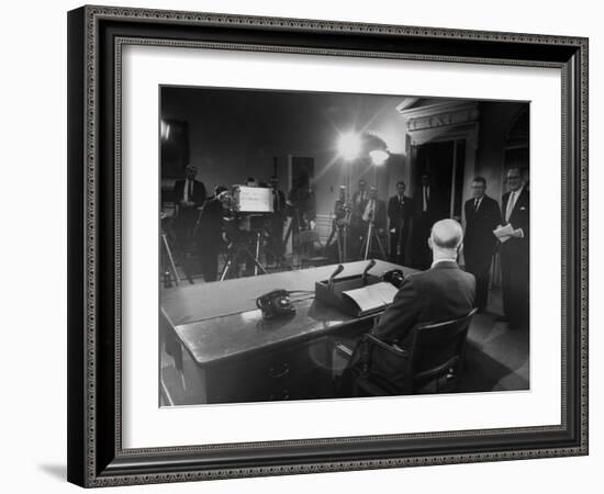 President Dwight D. Eisenhower Presenting His Farewell Address to the Nation-Ed Clark-Framed Photographic Print