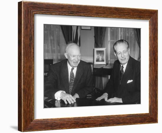 President Eisenhower with British Prime Minister Harold Macmillan in the Oval Office-null-Framed Photo