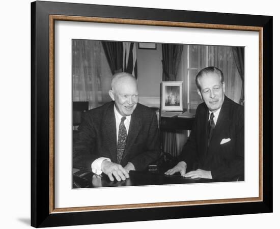 President Eisenhower with British Prime Minister Harold Macmillan in the Oval Office-null-Framed Photo