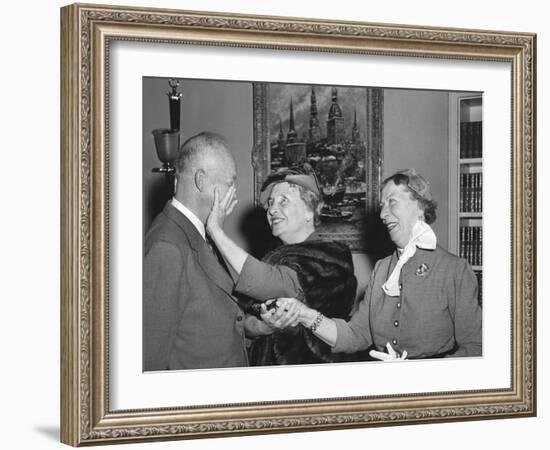 President Eisenhower with Helen Keller and Her Aide Polly Thompson-null-Framed Photo