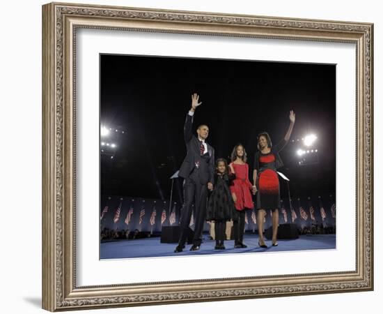 President-Elect Barack Obama and His Family Wave at the Election Night Rally in Chicago-null-Framed Photographic Print