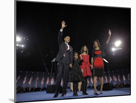 President-Elect Barack Obama and His Family Wave at the Election Night Rally in Chicago-null-Mounted Photographic Print