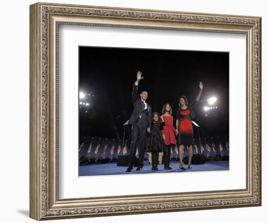 President-Elect Barack Obama and His Family Wave at the Election Night Rally in Chicago-null-Framed Photographic Print