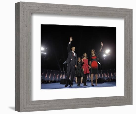 President-Elect Barack Obama and His Family Wave at the Election Night Rally in Chicago-null-Framed Photographic Print