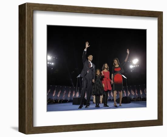 President-Elect Barack Obama and His Family Wave at the Election Night Rally in Chicago-null-Framed Photographic Print