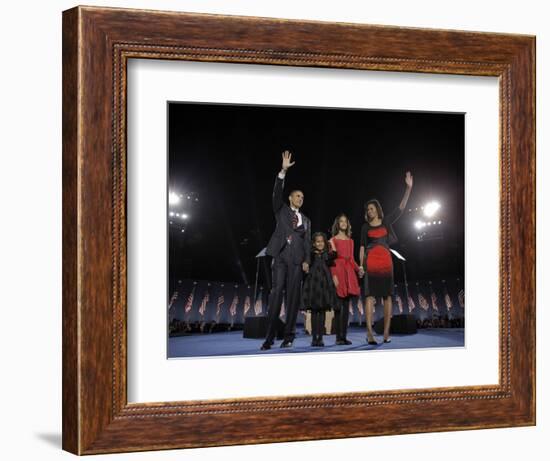 President-Elect Barack Obama and His Family Wave at the Election Night Rally in Chicago-null-Framed Photographic Print