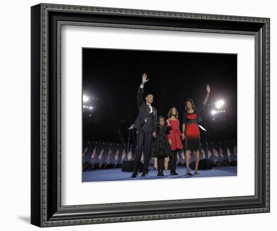 President-Elect Barack Obama and His Family Wave at the Election Night Rally in Chicago-null-Framed Photographic Print