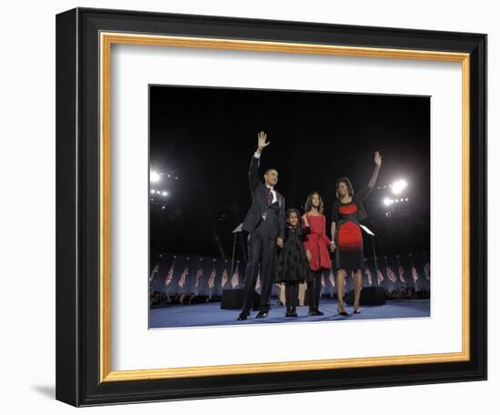 President-Elect Barack Obama and His Family Wave at the Election Night Rally in Chicago-null-Framed Photographic Print