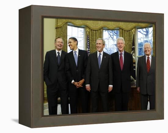 President-Elect Barack Obama is Welcomed by President George W. Bush for a Meeting at White House-null-Framed Premier Image Canvas