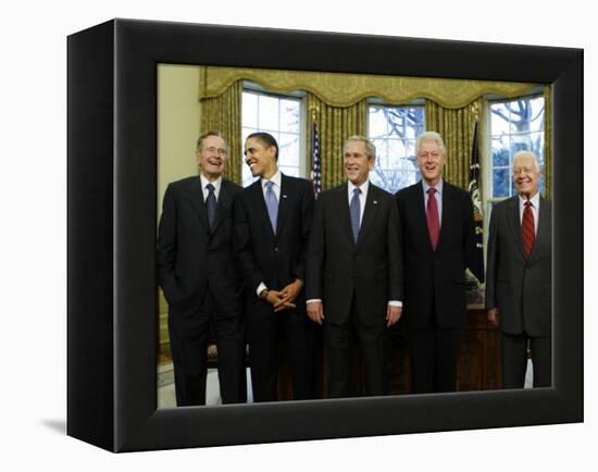 President-Elect Barack Obama is Welcomed by President George W. Bush for a Meeting at White House-null-Framed Premier Image Canvas