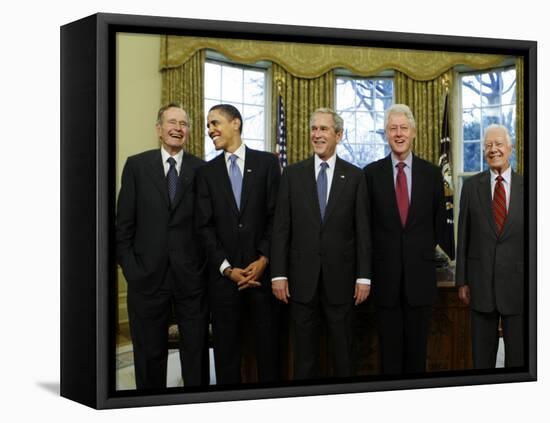 President-Elect Barack Obama is Welcomed by President George W. Bush for a Meeting at White House-null-Framed Premier Image Canvas