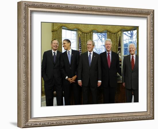 President-Elect Barack Obama is Welcomed by President George W. Bush for a Meeting at White House-null-Framed Photographic Print