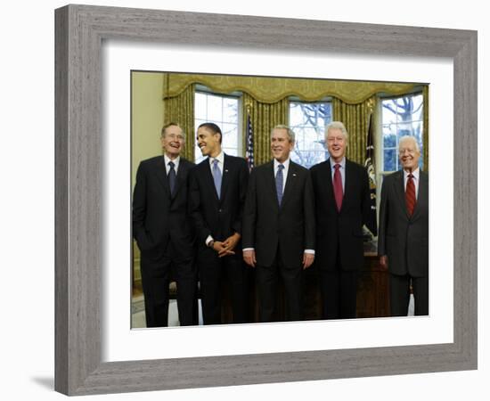 President-Elect Barack Obama is Welcomed by President George W. Bush for a Meeting at White House-null-Framed Photographic Print
