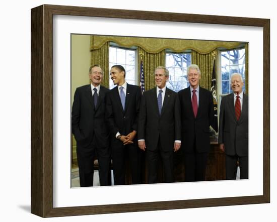 President-Elect Barack Obama is Welcomed by President George W. Bush for a Meeting at White House-null-Framed Photographic Print