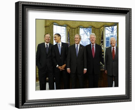 President-Elect Barack Obama is Welcomed by President George W. Bush for a Meeting at White House-null-Framed Photographic Print