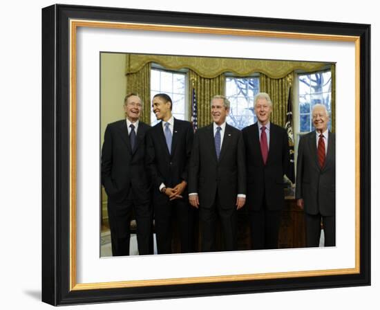 President-Elect Barack Obama is Welcomed by President George W. Bush for a Meeting at White House-null-Framed Photographic Print