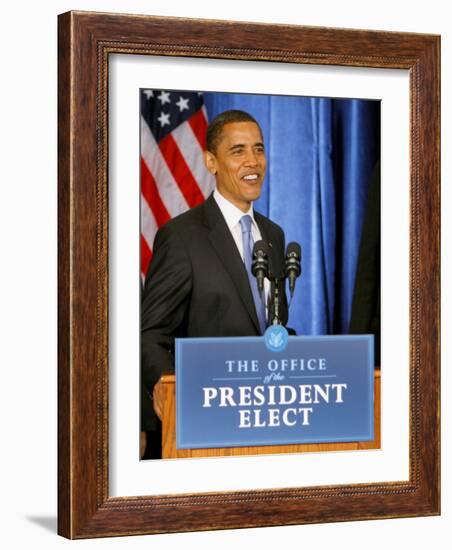 President-Elect Barack Obama Smiles Before Speaking, Press Conference, Nov 7, 2008-null-Framed Photographic Print