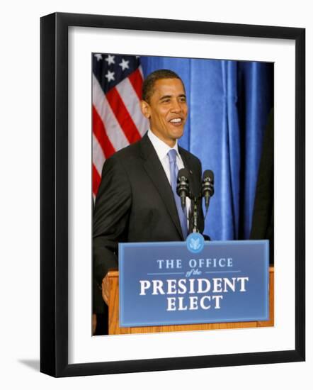 President-Elect Barack Obama Smiles Before Speaking, Press Conference, Nov 7, 2008-null-Framed Photographic Print