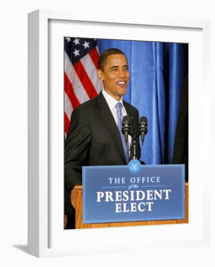 President-Elect Barack Obama Smiles Before Speaking, Press Conference, Nov 7, 2008-null-Framed Photographic Print