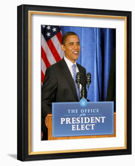 President-Elect Barack Obama Smiles Before Speaking, Press Conference, Nov 7, 2008-null-Framed Photographic Print