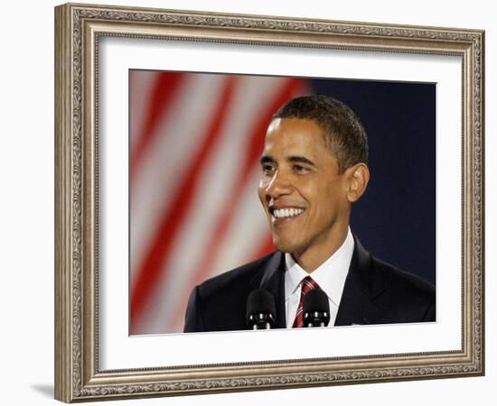 President-Elect Barack Obama Smiles During Acceptance Speech, Nov 4, 2008-null-Framed Photographic Print