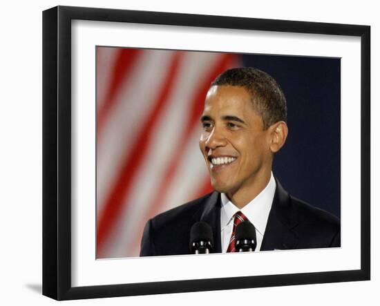 President-Elect Barack Obama Smiles During Acceptance Speech, Nov 4, 2008-null-Framed Photographic Print