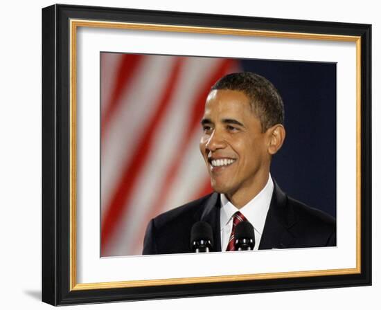 President-Elect Barack Obama Smiles During Acceptance Speech, Nov 4, 2008-null-Framed Photographic Print