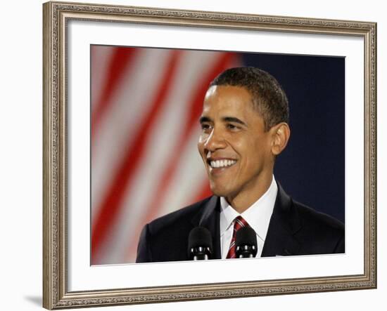 President-Elect Barack Obama Smiles During Acceptance Speech, Nov 4, 2008-null-Framed Photographic Print