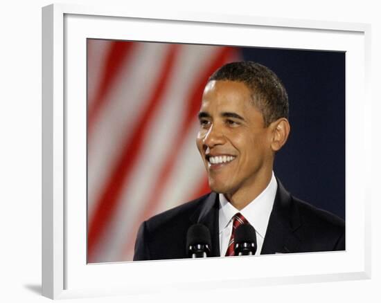 President-Elect Barack Obama Smiles During Acceptance Speech, Nov 4, 2008-null-Framed Photographic Print