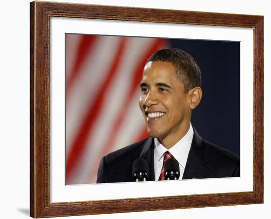 President-Elect Barack Obama Smiles During Acceptance Speech, Nov 4, 2008-null-Framed Photographic Print