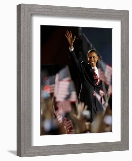 President-Elect Barack Obama Walking onto Stage to Deliver Acceptance Speech, Nov 4, 2008-null-Framed Photographic Print