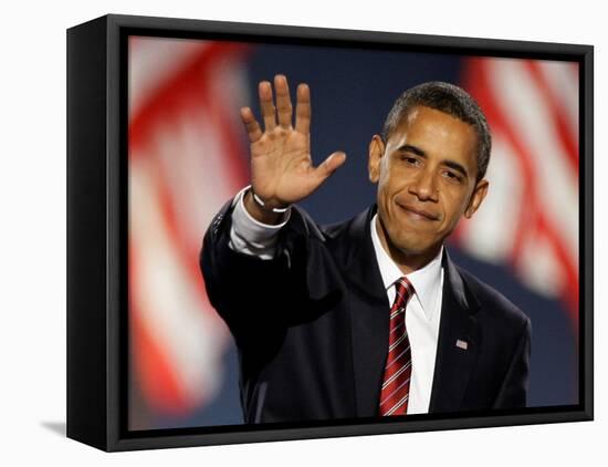 President-Elect Barack Obama Waves after Acceptance Speech, Nov 4, 2008-null-Framed Premier Image Canvas