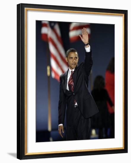 President-Elect Barack Obama Waves after Acceptance Speech, Nov 4, 2008-null-Framed Photographic Print