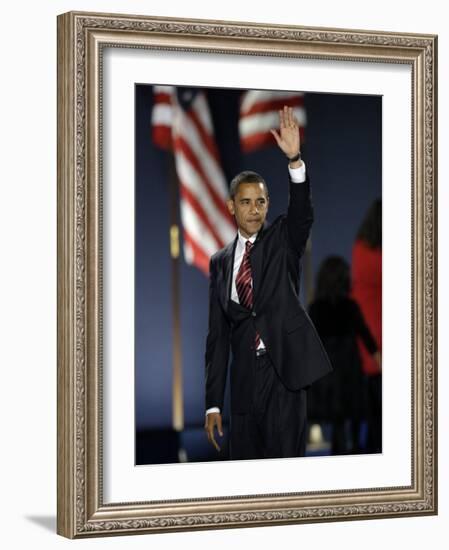 President-Elect Barack Obama Waves after Acceptance Speech, Nov 4, 2008-null-Framed Photographic Print