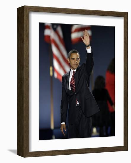 President-Elect Barack Obama Waves after Acceptance Speech, Nov 4, 2008-null-Framed Photographic Print