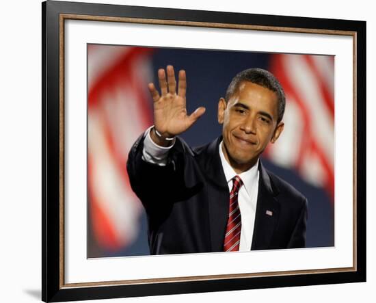 President-Elect Barack Obama Waves after Acceptance Speech, Nov 4, 2008-null-Framed Photographic Print