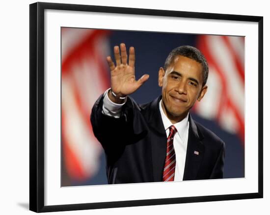 President-Elect Barack Obama Waves after Acceptance Speech, Nov 4, 2008-null-Framed Photographic Print