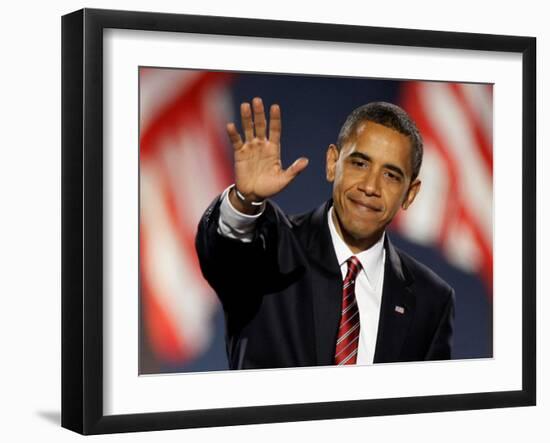 President-Elect Barack Obama Waves after Acceptance Speech, Nov 4, 2008-null-Framed Photographic Print