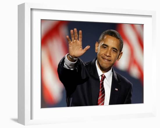 President-Elect Barack Obama Waves after Acceptance Speech, Nov 4, 2008-null-Framed Photographic Print