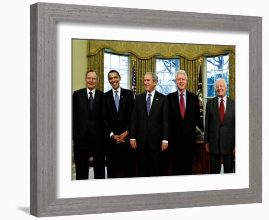 President-elect Barack Obama with All Living Presidents Smiling, January 7, 2009-null-Framed Photographic Print