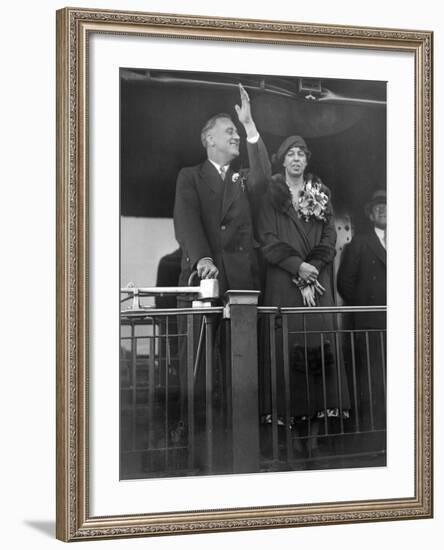 President-Elect Franklin Roosevelt and Wife Eleanor on the Rear Platform of His Special Train Car-null-Framed Photo