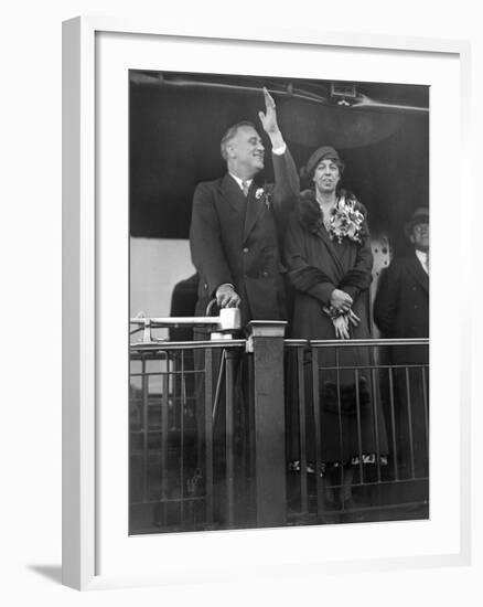 President-Elect Franklin Roosevelt and Wife Eleanor on the Rear Platform of His Special Train Car-null-Framed Photo