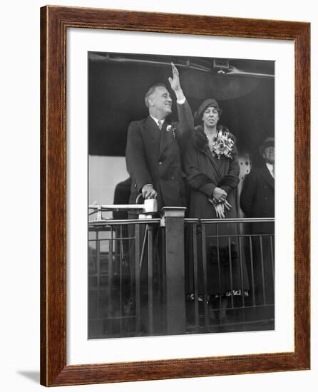 President-Elect Franklin Roosevelt and Wife Eleanor on the Rear Platform of His Special Train Car-null-Framed Photo