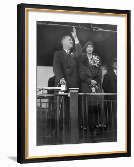 President-Elect Franklin Roosevelt and Wife Eleanor on the Rear Platform of His Special Train Car-null-Framed Photo