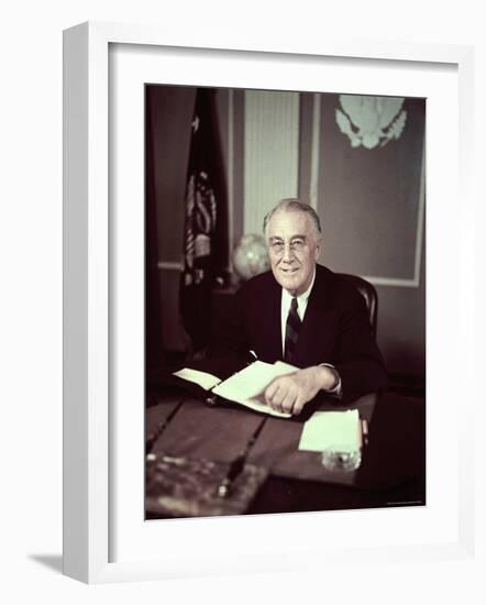 President Franklin D. Roosevelt Before Broadcasting Sixth War Loan Drive, in His Office-George Skadding-Framed Photographic Print