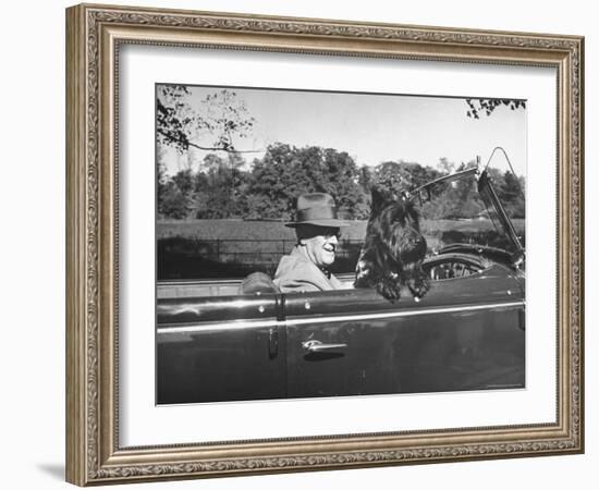 President Franklin D. Roosevelt Driving in His Convertible with His Dog Fala Through Hyde Park-George Skadding-Framed Photographic Print