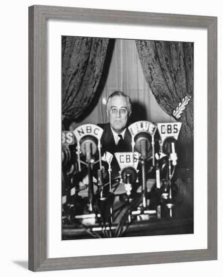 President Franklin D. Roosevelt Making a "Fireside Chat" Speech on Radio During WWII-Thomas D^ Mcavoy-Framed Photographic Print
