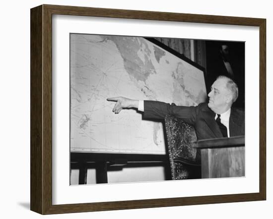 President Franklin D. Roosevelt, Pointing to a Map While Giving His Speech During Entry to WWII-null-Framed Photographic Print