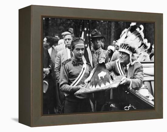 President Franklin Roosevelt in a War Bonnet-null-Framed Stretched Canvas